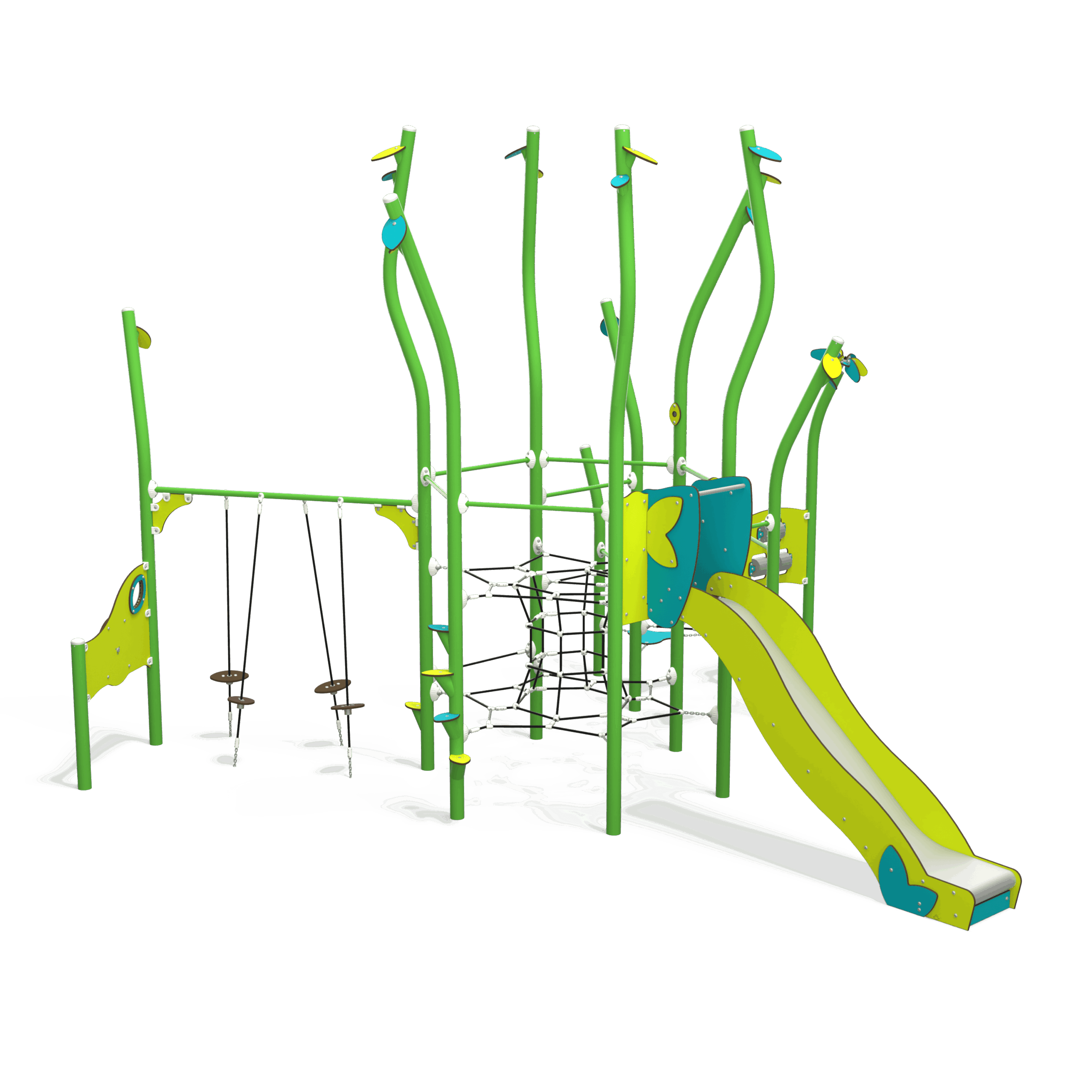 NA 15-0006-AF24 is a nature-inspired steel multiplay unit from the Natura range by Quali-Cité. Designed for children aged 4–14 years, it features organic shapes, tree-trunk posts, and natural-finish.