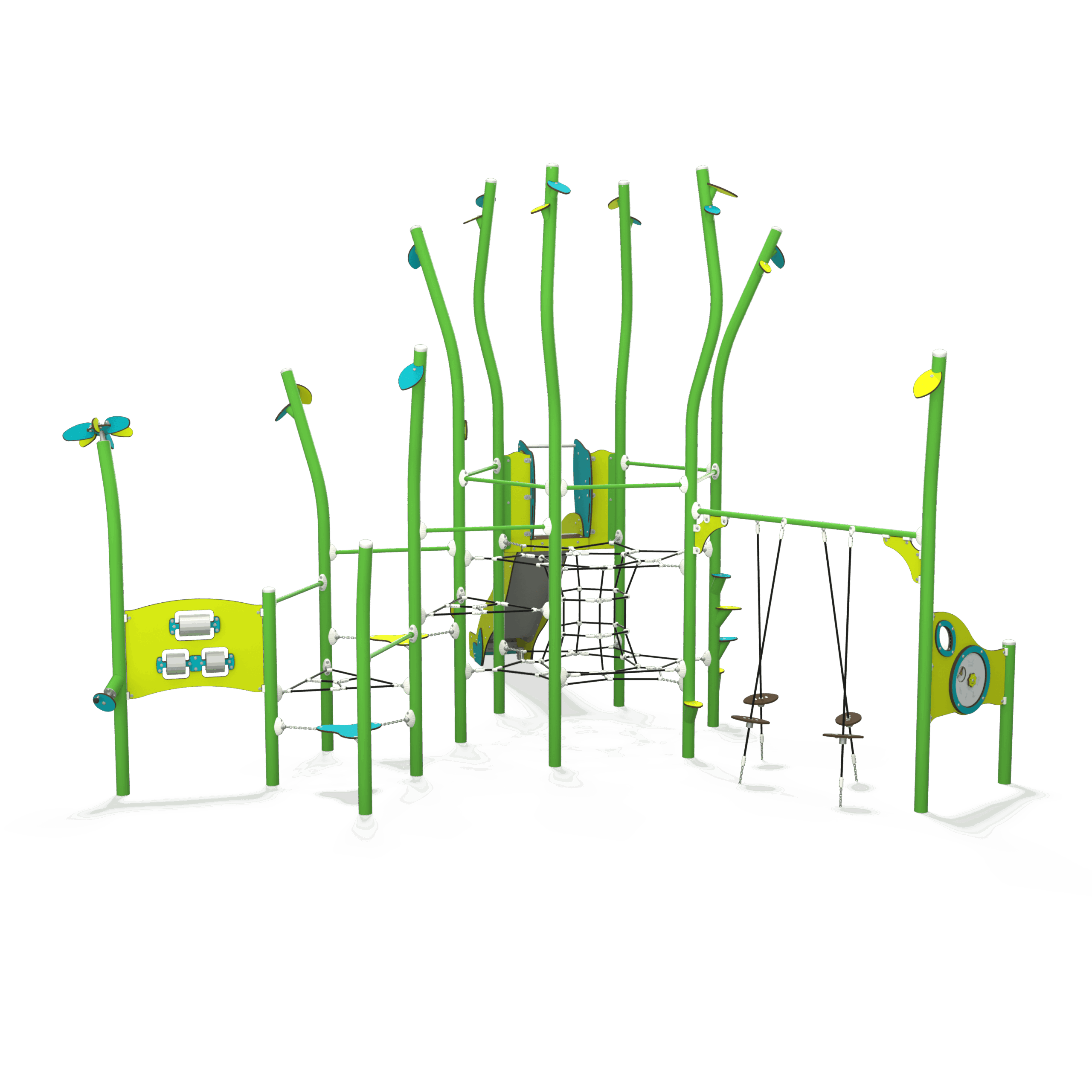 NA_15-0006-AF24_a_v2-INT NA 15-0006-AF24 is a nature-inspired steel multiplay unit from the Natura range by Quali-Cité. Designed for children aged 4–14 years, it features organic shapes, tree-trunk posts, and natural-finish.