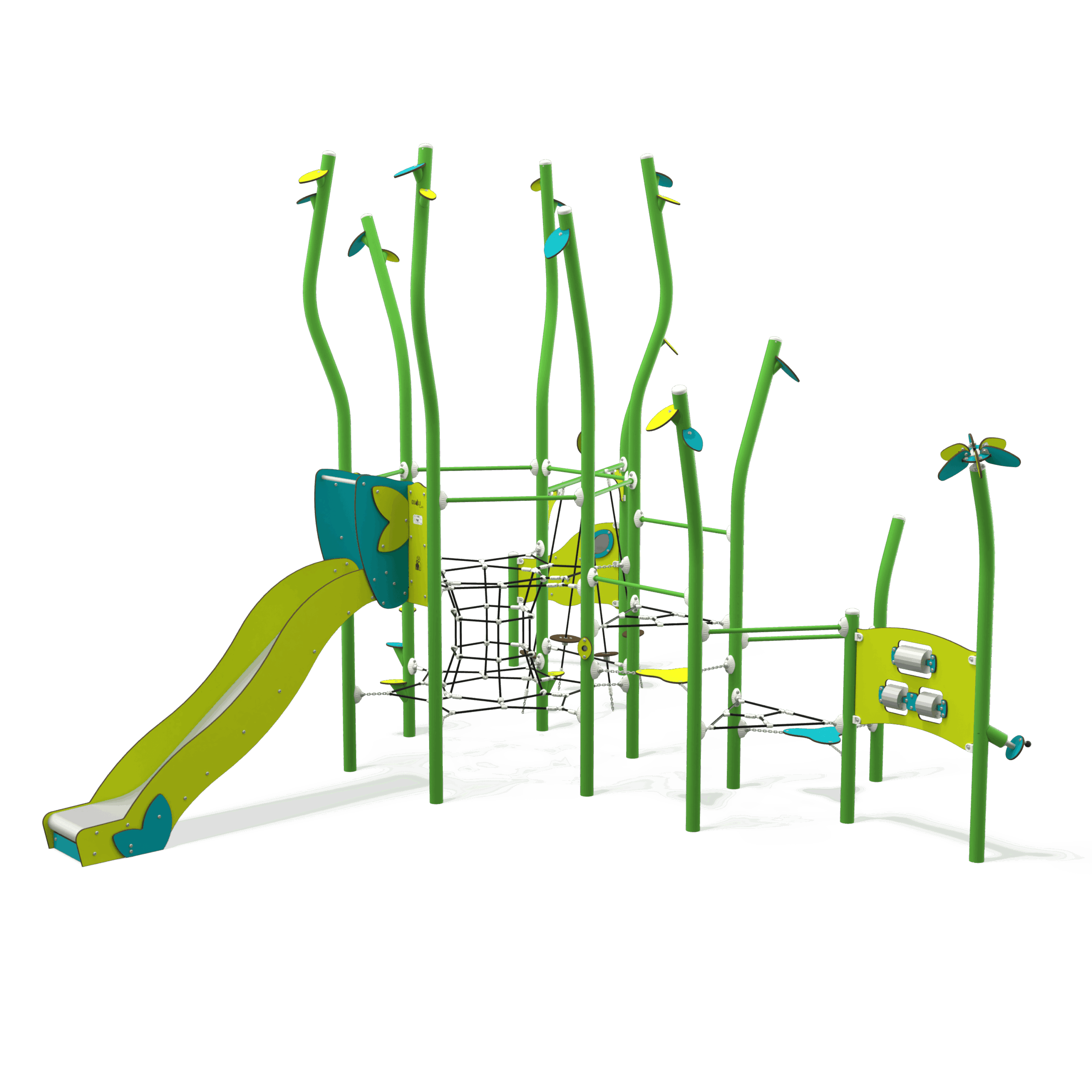 NA_15-0006-AF24_a_v3-INT NA 15-0006-AF24 is a nature-inspired steel multiplay unit from the Natura range by Quali-Cité. Designed for children aged 4–14 years, it features organic shapes, tree-trunk posts, and natural-finish.