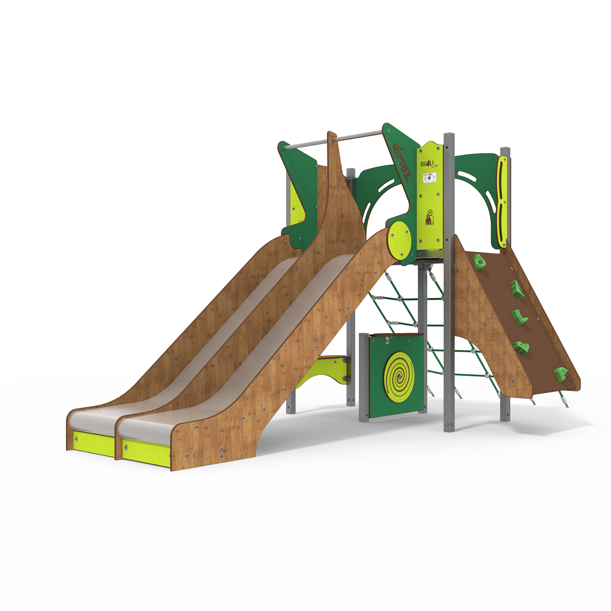 Osmoz steel multiplay unit with themed panels, slides, and climbing activities OS 12-1017