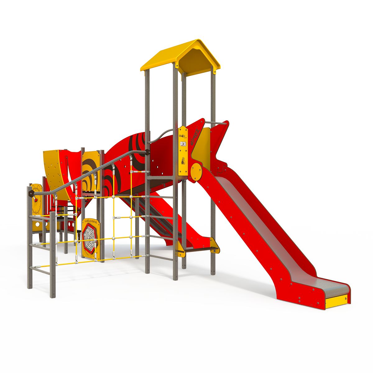 Osmoz steel multiplay unit with slides, themed panels, and climbing activities for ages 3–12 OS 15-3001