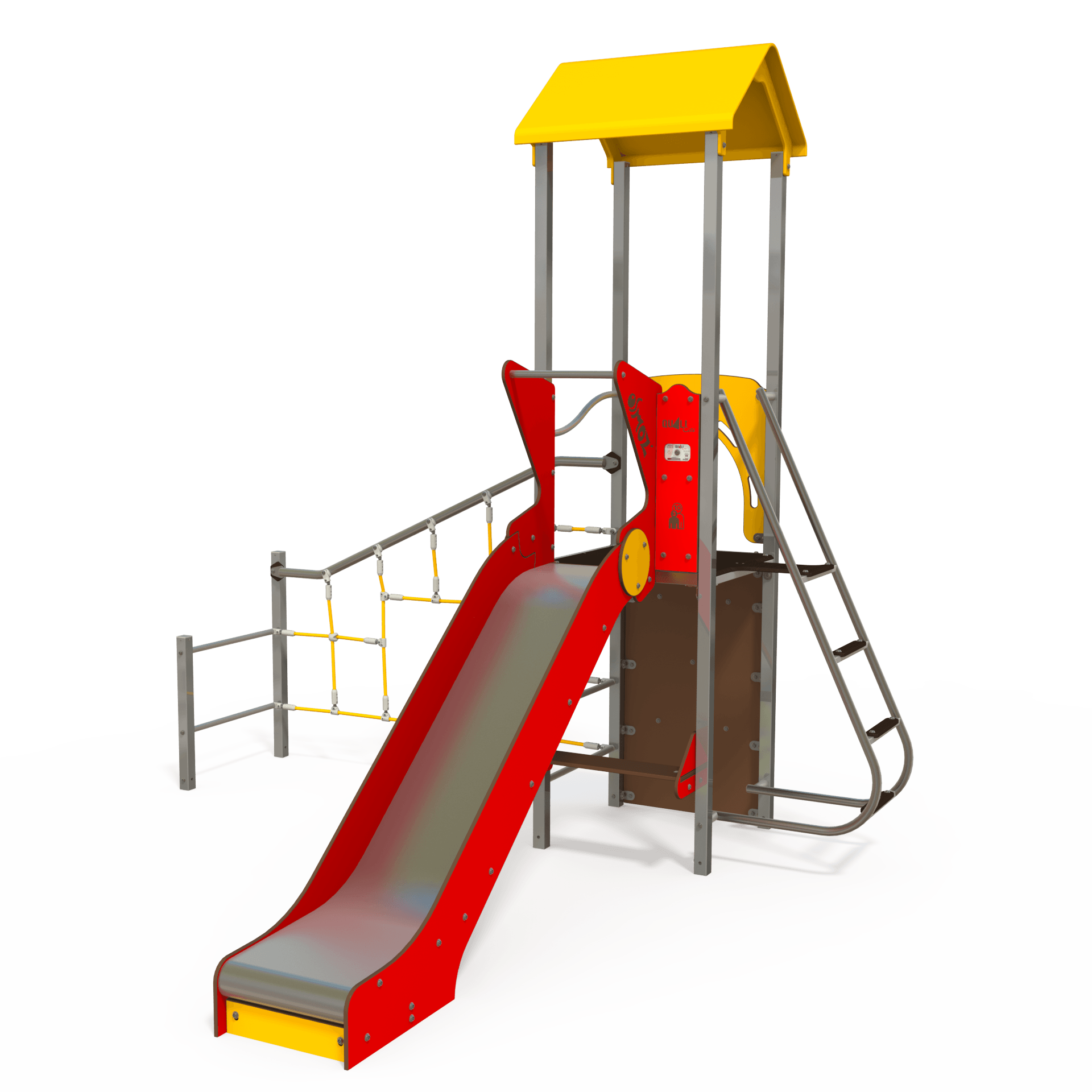 The OS 12-1007 is an Osmoz steel multiplay unit designed for children aged 3–12 years. It features themed panels, slides, and climbing activities, promoting active play and social interaction in outdo