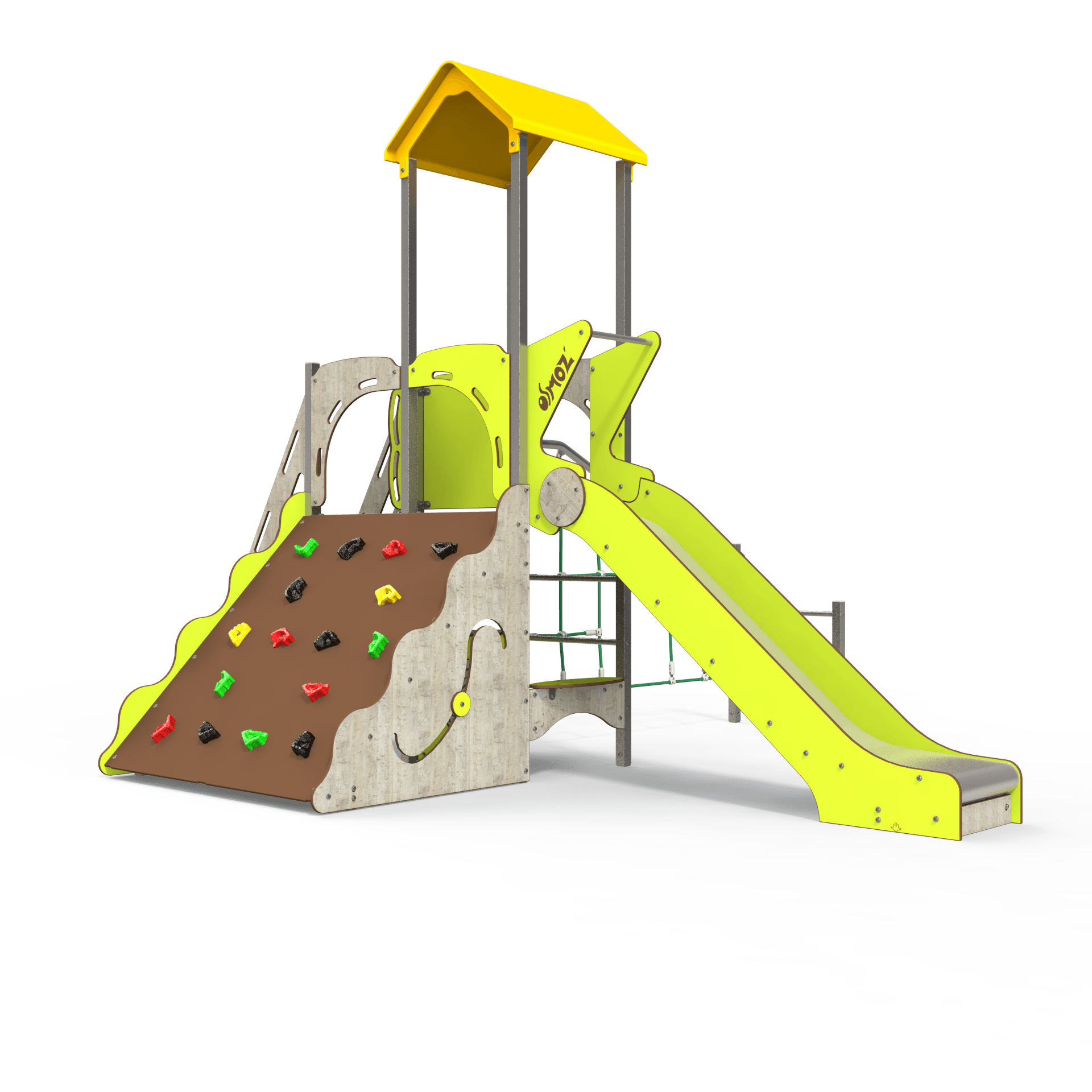 The OS 12-1009 Osmoz steel multiplay unit offers themed panels, slides, and climbing activities designed for children aged 3 to 12 years. Durable and engaging, this play unit encourages physical activ