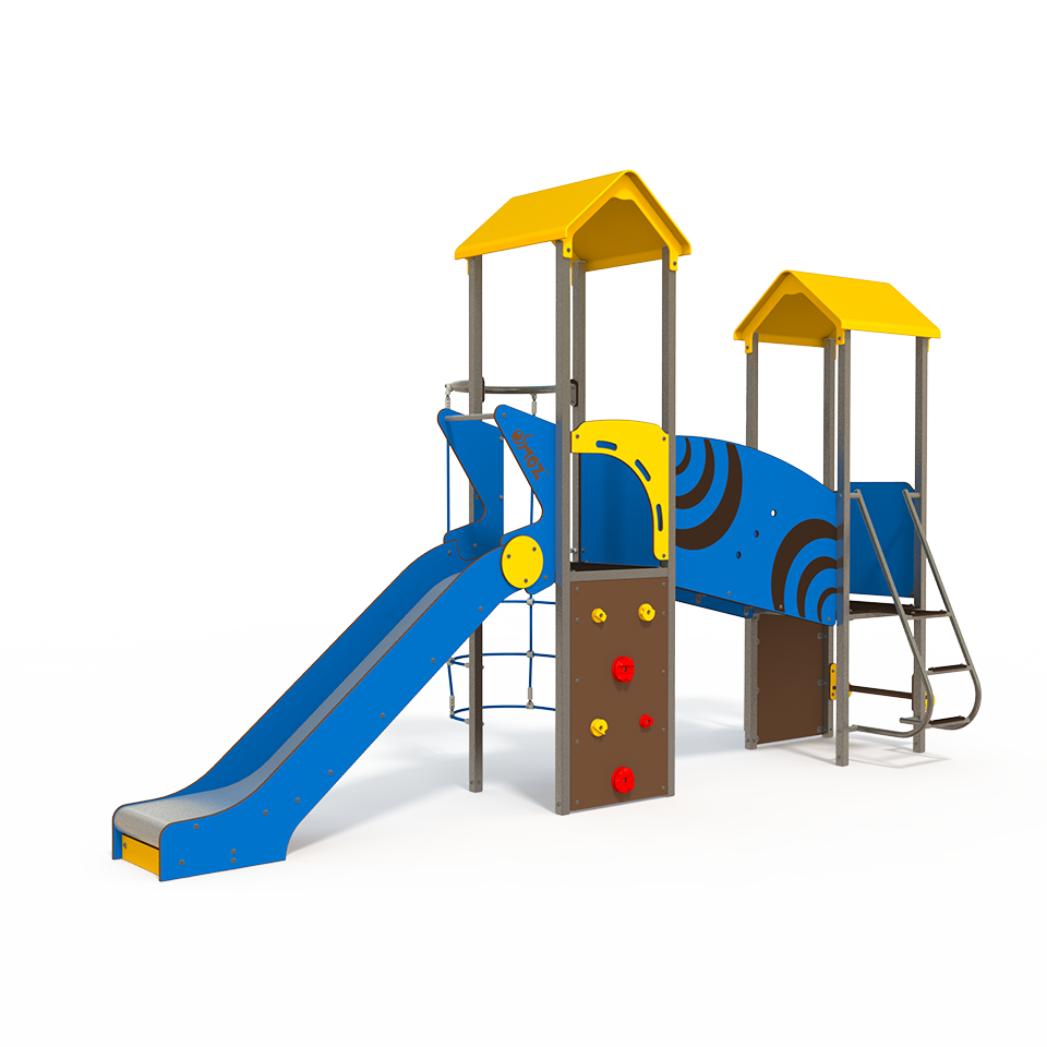 The OS 12-2002 is an Osmoz steel multiplay unit designed for children aged 3–12 years. It features themed panels, slides, and climbing activities to encourage active play and imaginative fun in outdoo