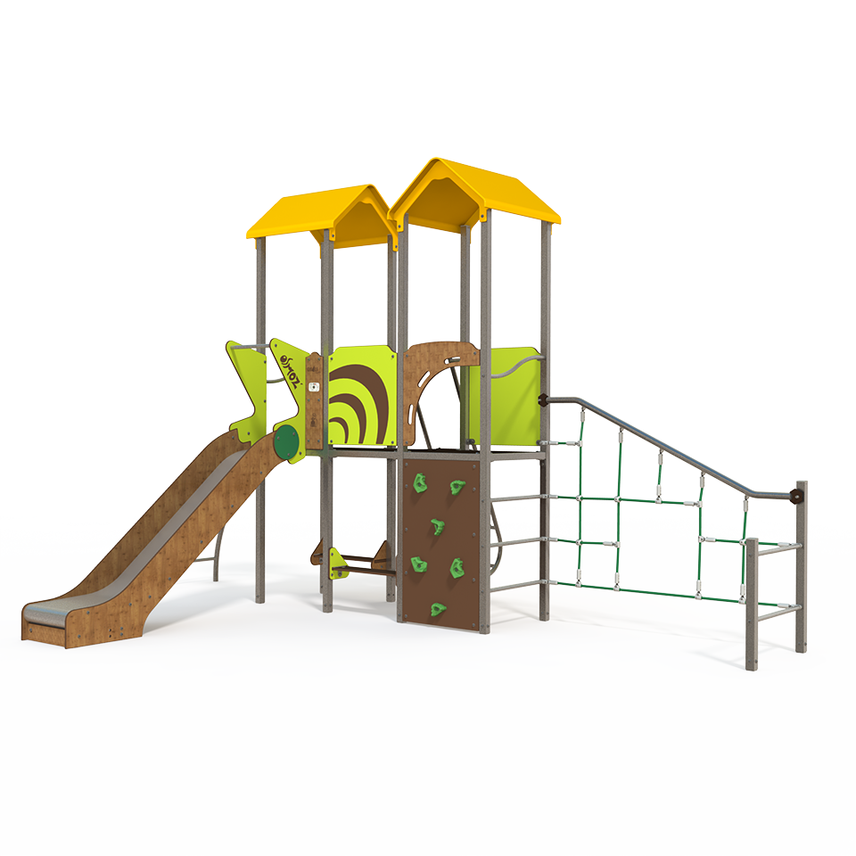 The OS 12-2003 Osmoz steel multiplay unit offers themed panels, slides, and climbing activities. Designed for children aged 3–12 years, it encourages active play and social interaction in outdoor spac