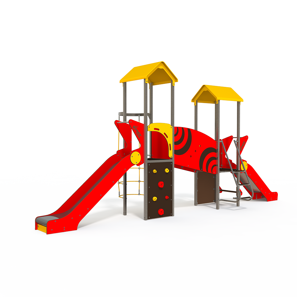 The OS 12-2009 Osmoz steel multiplay unit offers themed panels, slides, and climbing activities for children aged 3–12 years, encouraging active play and social interaction in outdoor spaces.