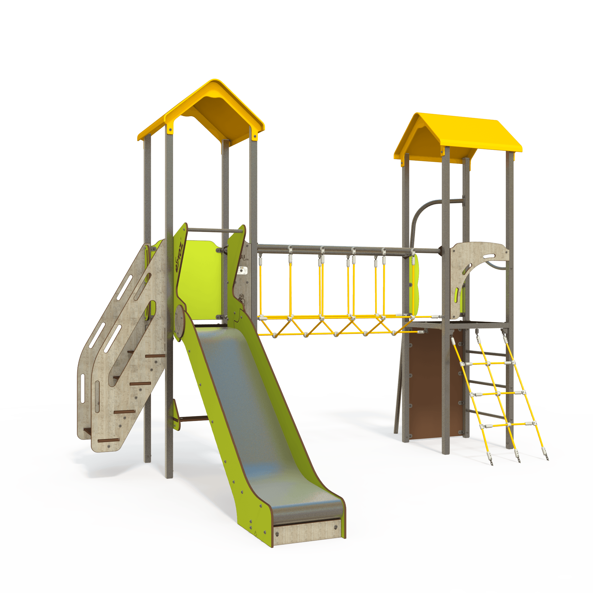 The OS 12-2011 Osmoz steel multiplay unit offers themed panels, slides, and climbing activities for children aged 3–12. Durable and engaging, it encourages active play and social interaction in outdoo