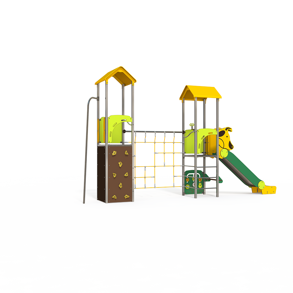 The OS 12-2012 Osmoz steel multiplay unit offers themed panels, slides, and climbing activities. Designed for children aged 3–12 years, it encourages active, imaginative play in outdoor spaces.