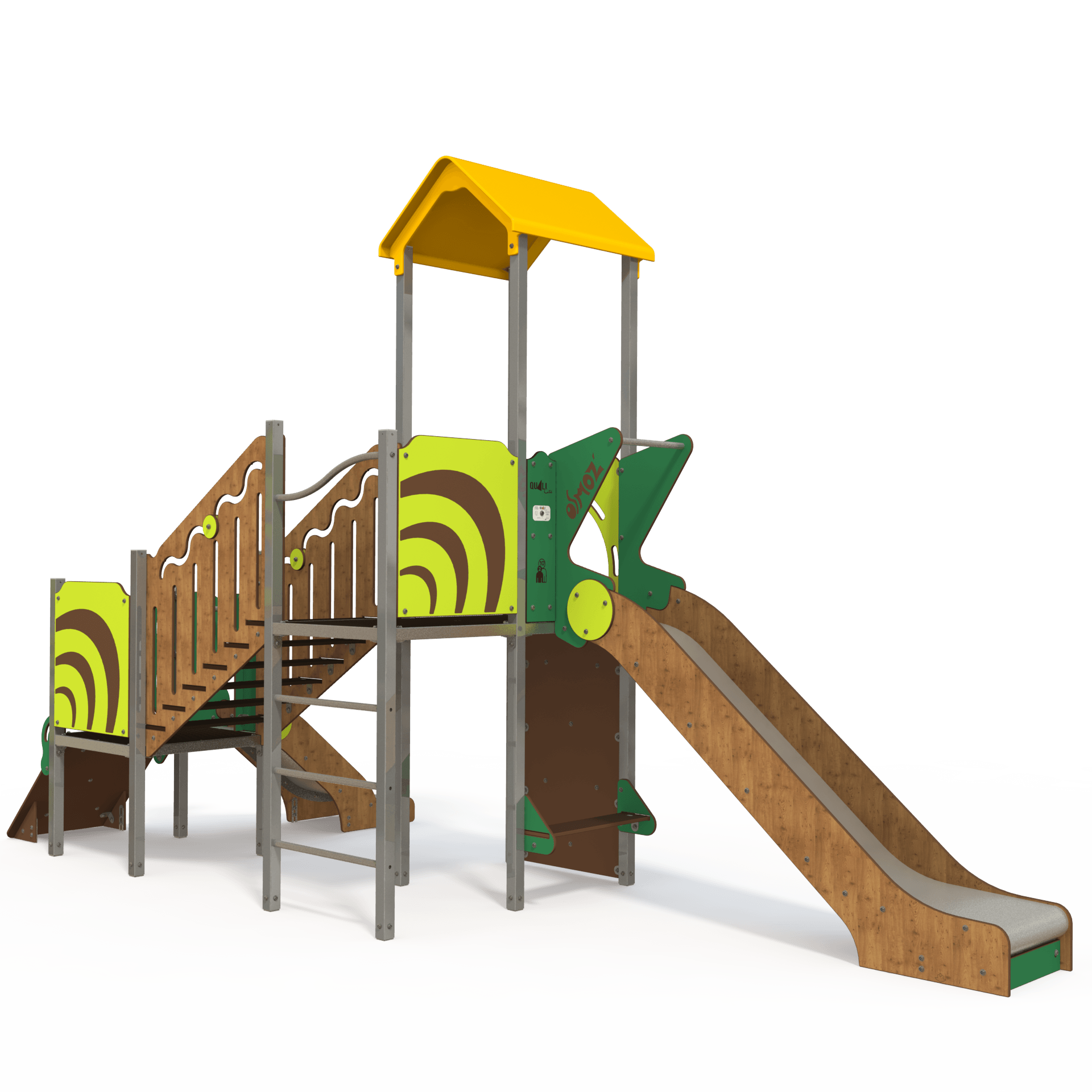 The OS 12-2013 Osmoz steel multiplay unit offers themed panels, slides, and climbing activities designed for children aged 3–12 years. Durable and engaging, it encourages active play and social intera