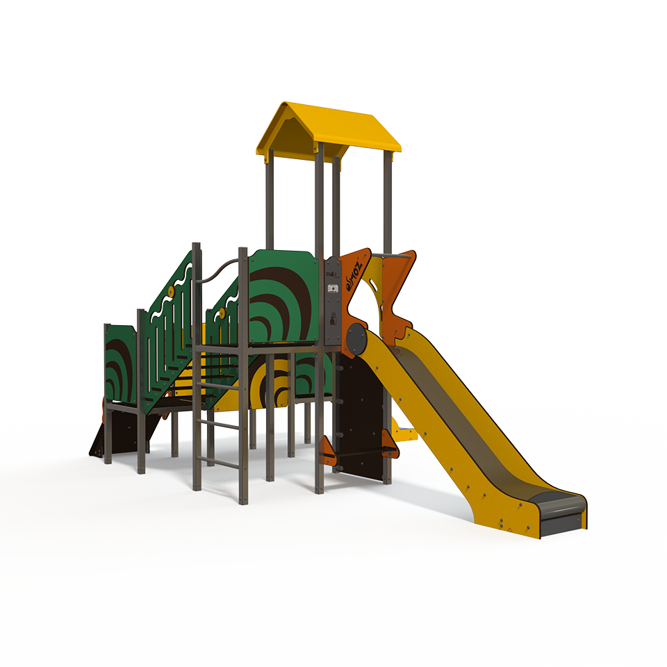 The OS 12-3004 is an Osmoz steel multiplay unit designed for children aged 3–12 years. It features themed panels, slides, and climbing activities to encourage active play and imagination.