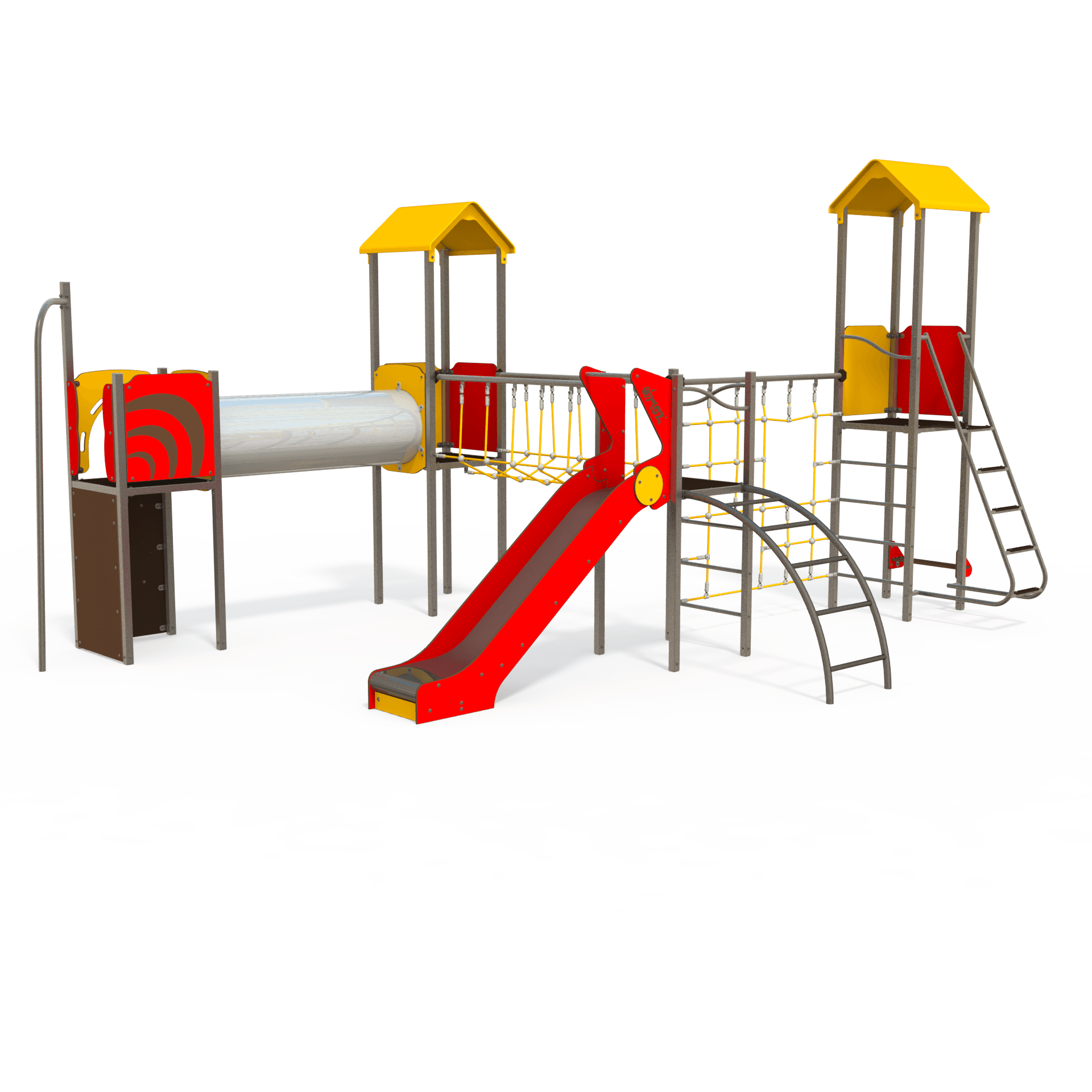 The OS 12-4001 Osmoz steel multiplay unit offers themed panels, slides, and climbing activities designed for children aged 3 to 12 years. Its durable steel construction ensures lasting play in outdoor