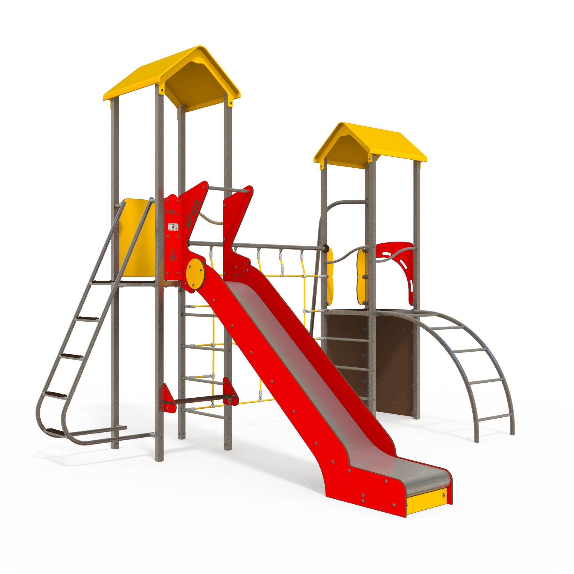 The OS 15-2001 is an Osmoz steel multiplay unit designed for children aged 3–12 years. It features themed panels, slides, and climbing activities to encourage active play and imaginative fun.