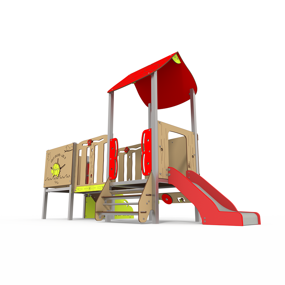 SY 06-2001 is a Symbioz steel multiplay unit from the Symbioz range by Quali-Cité. Designed for children aged 3–14 years, it features climbing walls, rope bridges, and activity panels. Built from galv