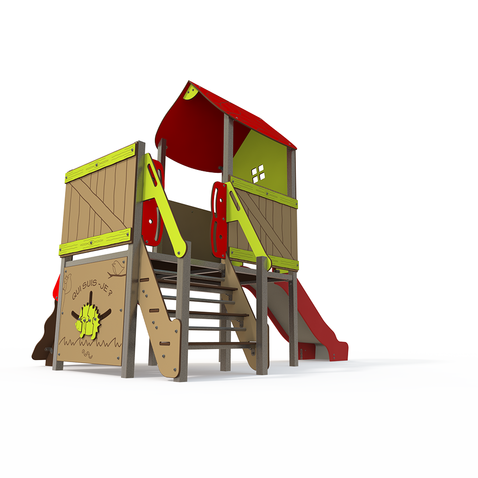 SY_09-1005-S11_f_v3-FR SY 09-1005 is a Symbioz steel multiplay unit from the Symbioz range by Quali-Cité. Designed for children aged 3–14 years, it features climbing walls, rope bridges, and activity panels. Built from galv