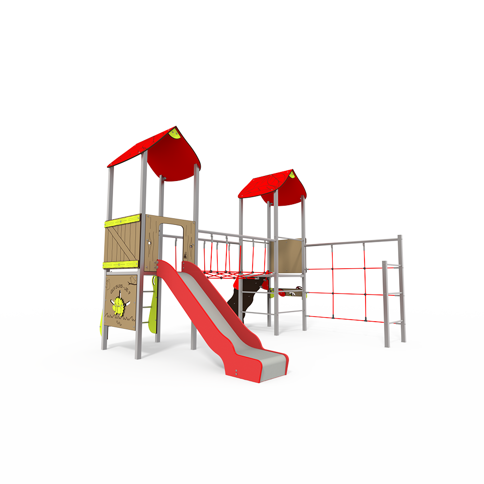 SY_12-2001-T02_f_v3-FR SY 12-2001 is a Symbioz steel multiplay unit from the Symbioz range by Quali-Cité. Designed for children aged 3–14 years, it features climbing walls, rope bridges, and activity panels. Built from galv