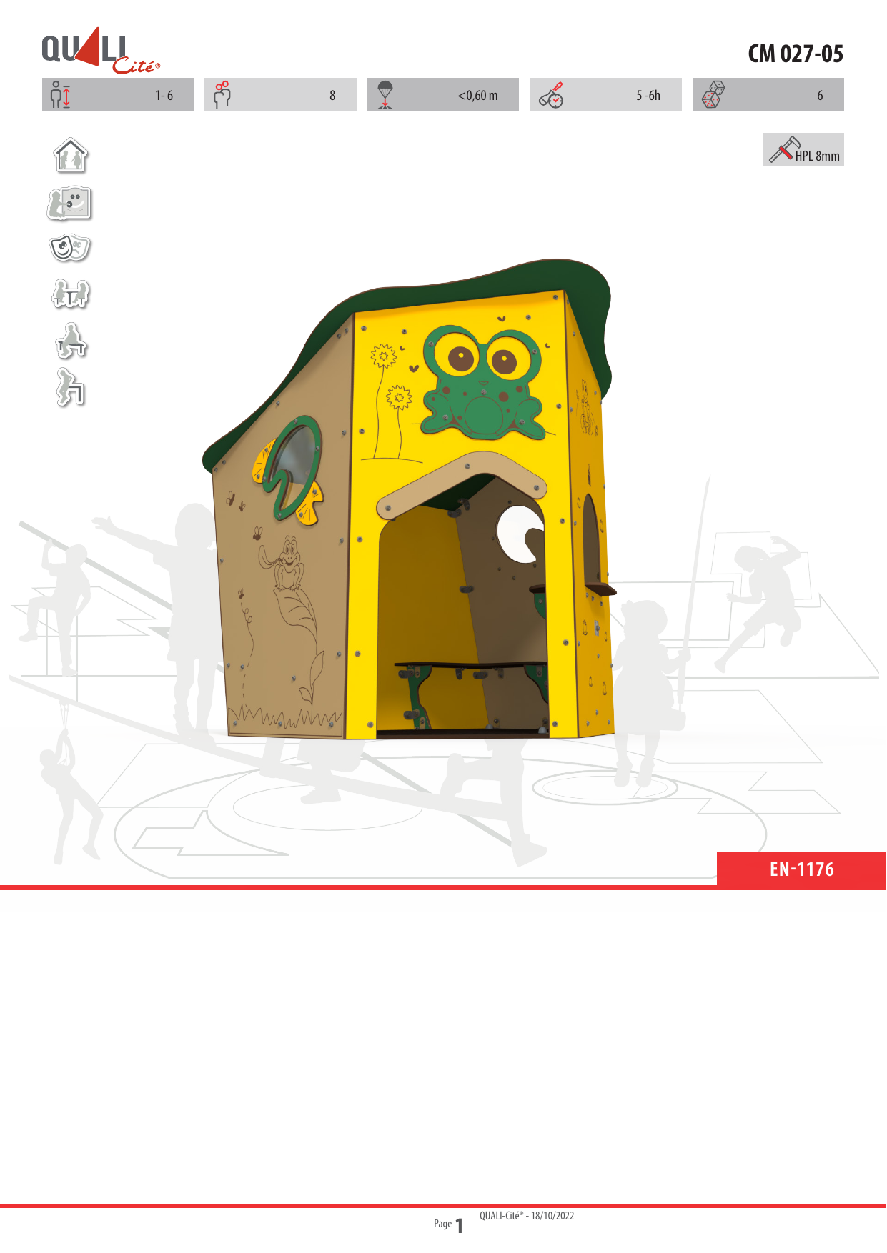 Frog-themed steel multiplay unit CM 027 with sensory panels and crawl-through features for children aged 1-6