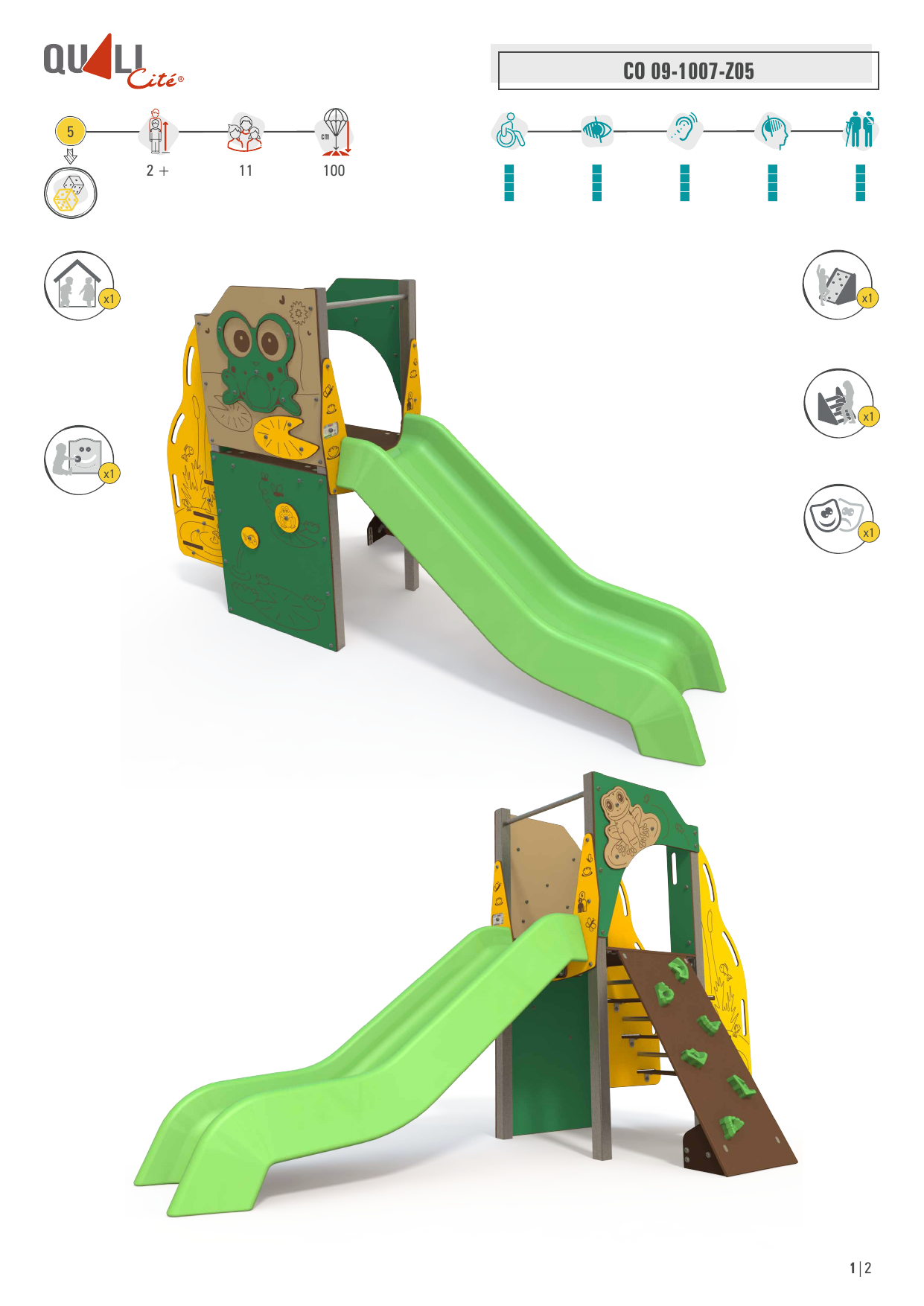 Frog-themed steel multiplay unit CO 09-1007-Z05 showing slide, climbing wall, platform and sensory panels