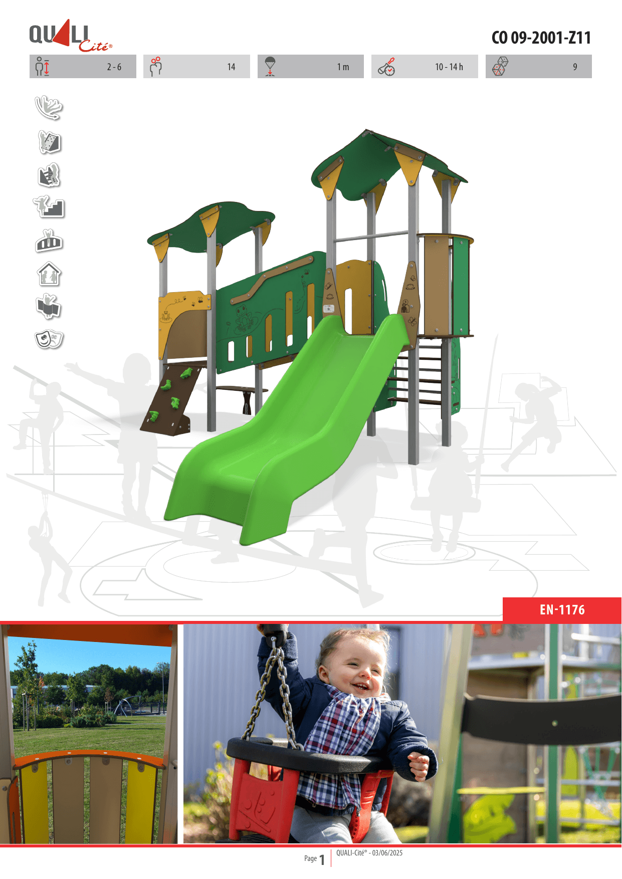 Frog-themed steel multiplay unit CO 09-2001 featuring twin playhouse towers, slide, climbing wall, and bridge walkway