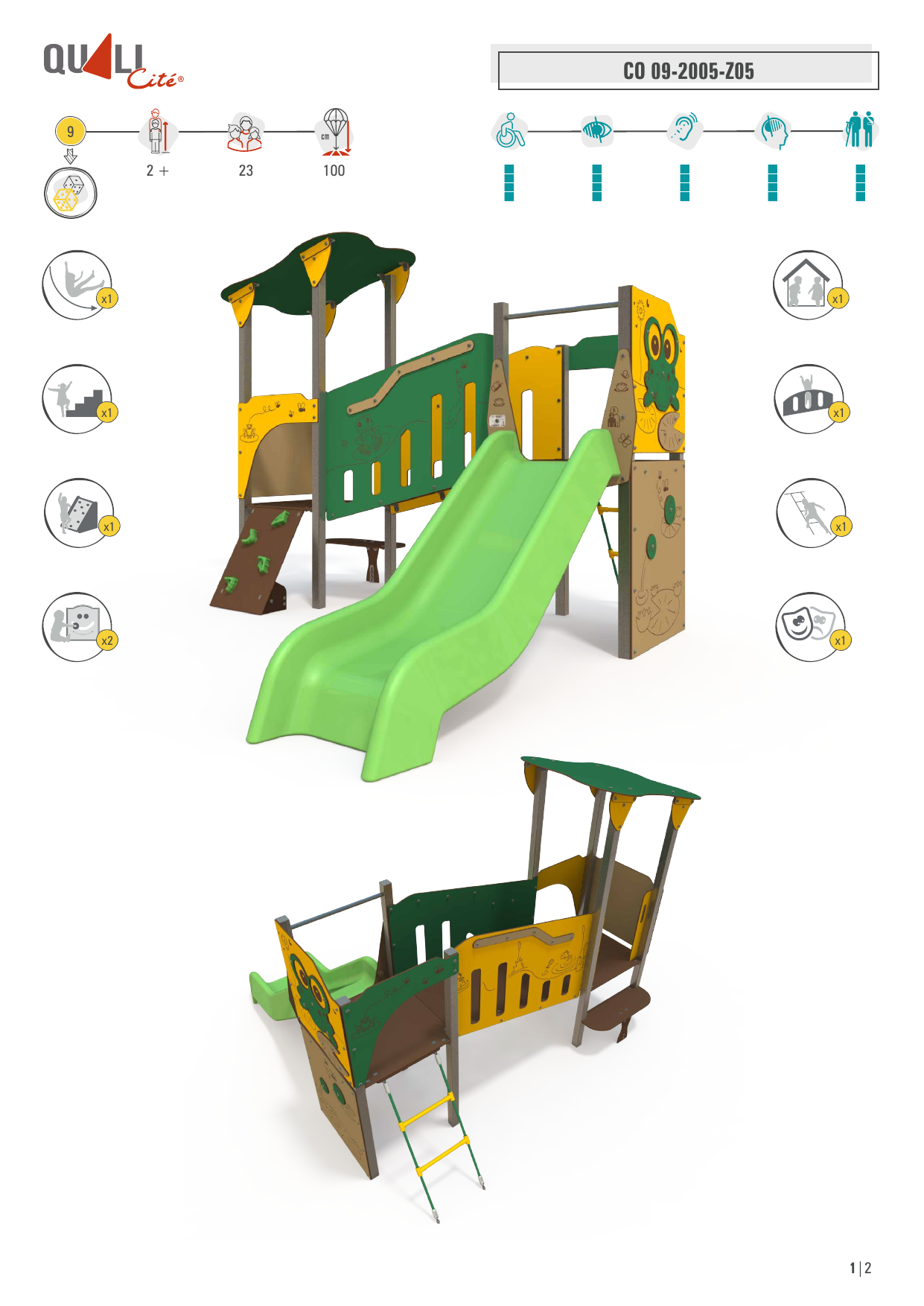 Frog-themed steel multiplay unit CO 09-2005-Z05 showing slide, climbing wall, and playhouse