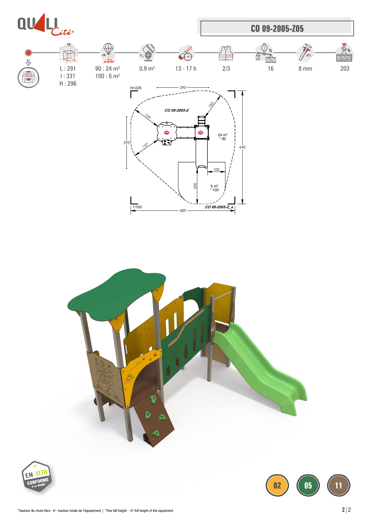 co-09-2005-z05-view-1 Frog-themed steel multiplay unit CO 09-2005-Z05 showing slide, climbing wall, and playhouse