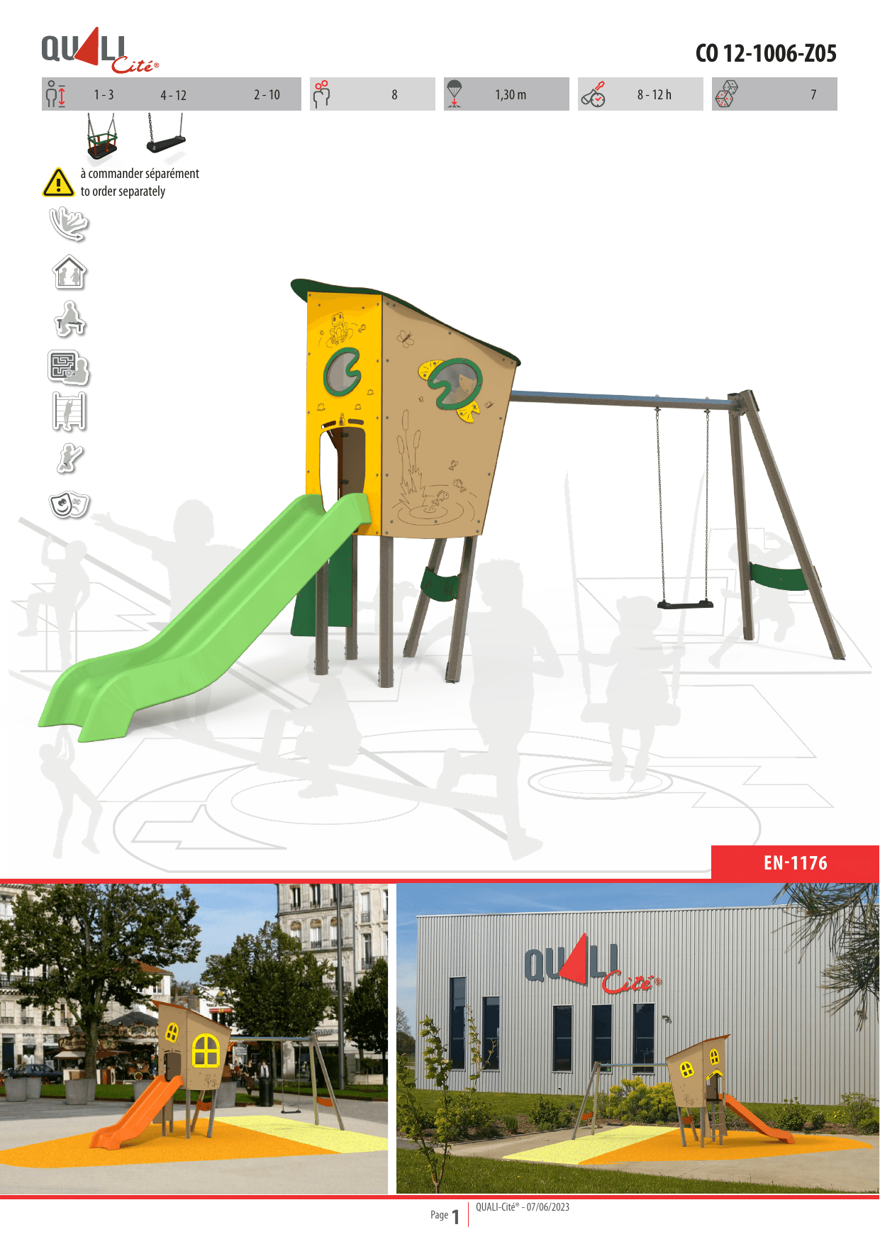 Frog-themed steel multiplay structure with playhouse tower, slide, climbing, and swing frame in playground