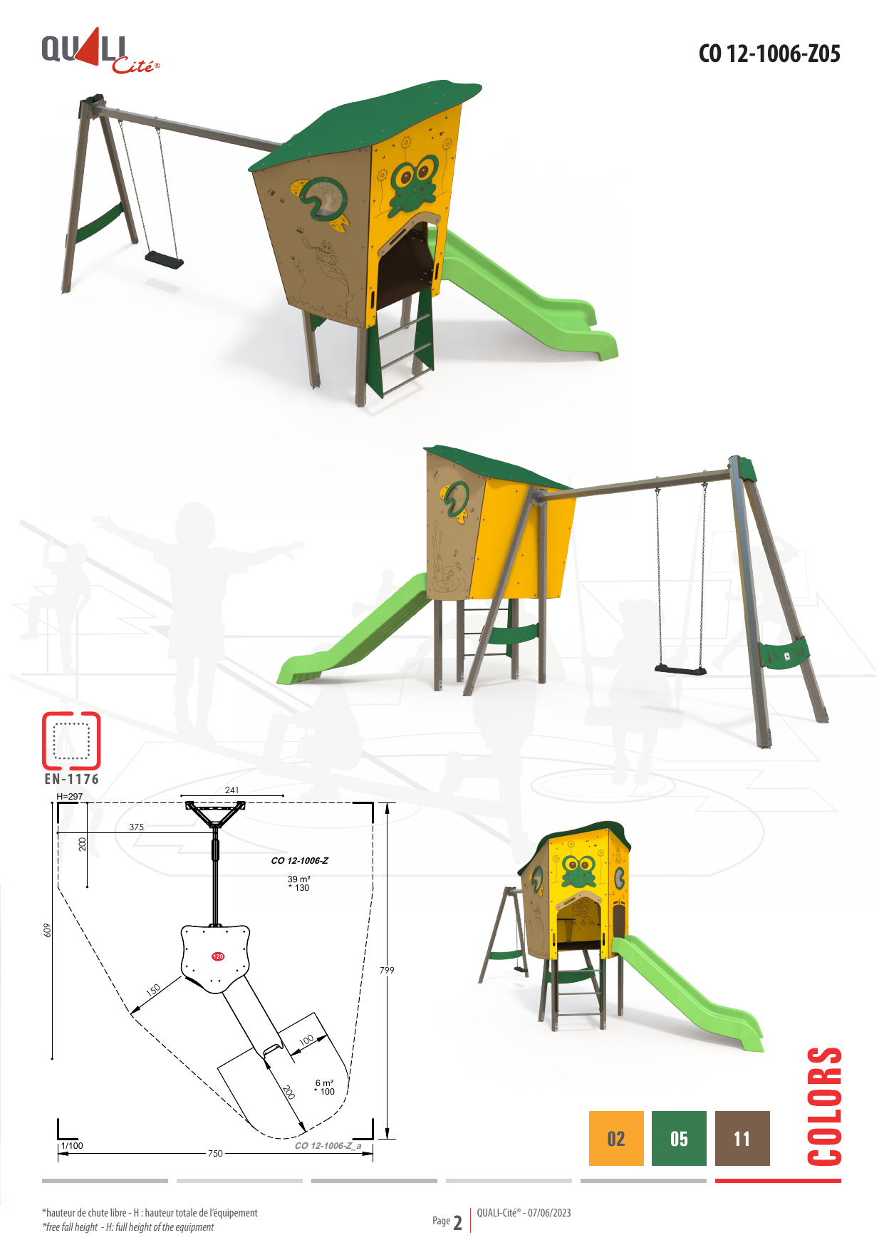 co-12-1006-z05-view-1 Frog-themed steel multiplay structure with playhouse tower, slide, climbing, and swing frame in playground