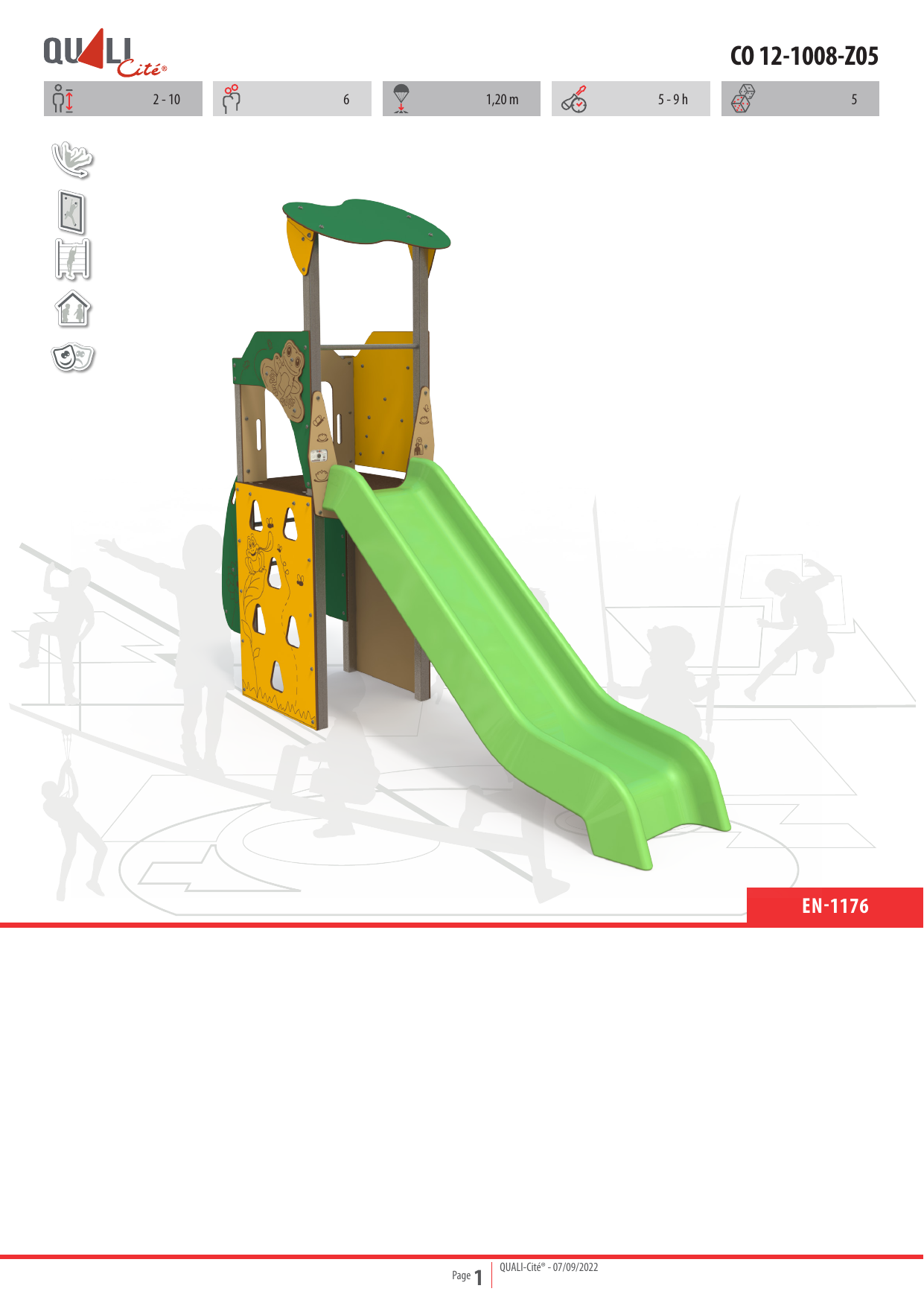 Frog-themed steel multiplay unit CO 12-1008-Z05 with slide, climbing panels, and tower platform