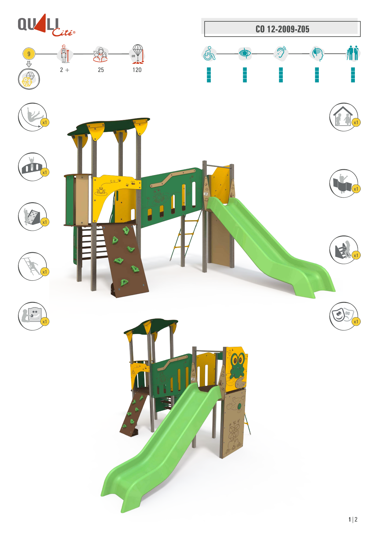 Frog-themed steel multiplay unit CO 12-2009-Z05 showing slide, climbing wall, rope ladder and playhouse