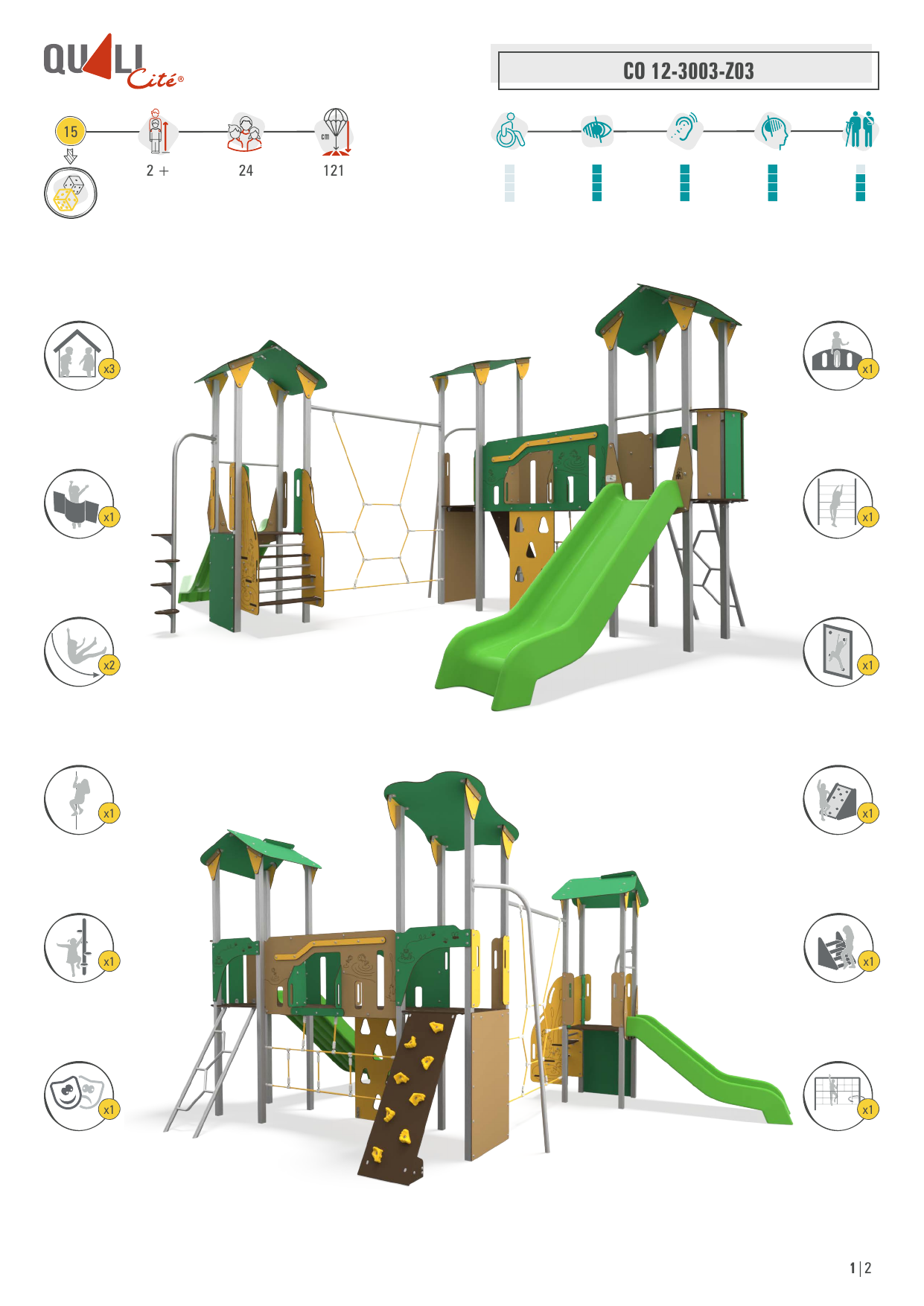 Large frog-themed steel multiplay unit with triple towers, slide, rope net, climbing wall, and activity panels