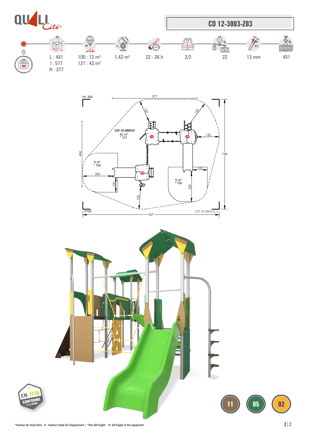 co-12-3003-x11-view-1 Large frog-themed steel multiplay unit with triple towers, slide, rope net, climbing wall, and activity panels