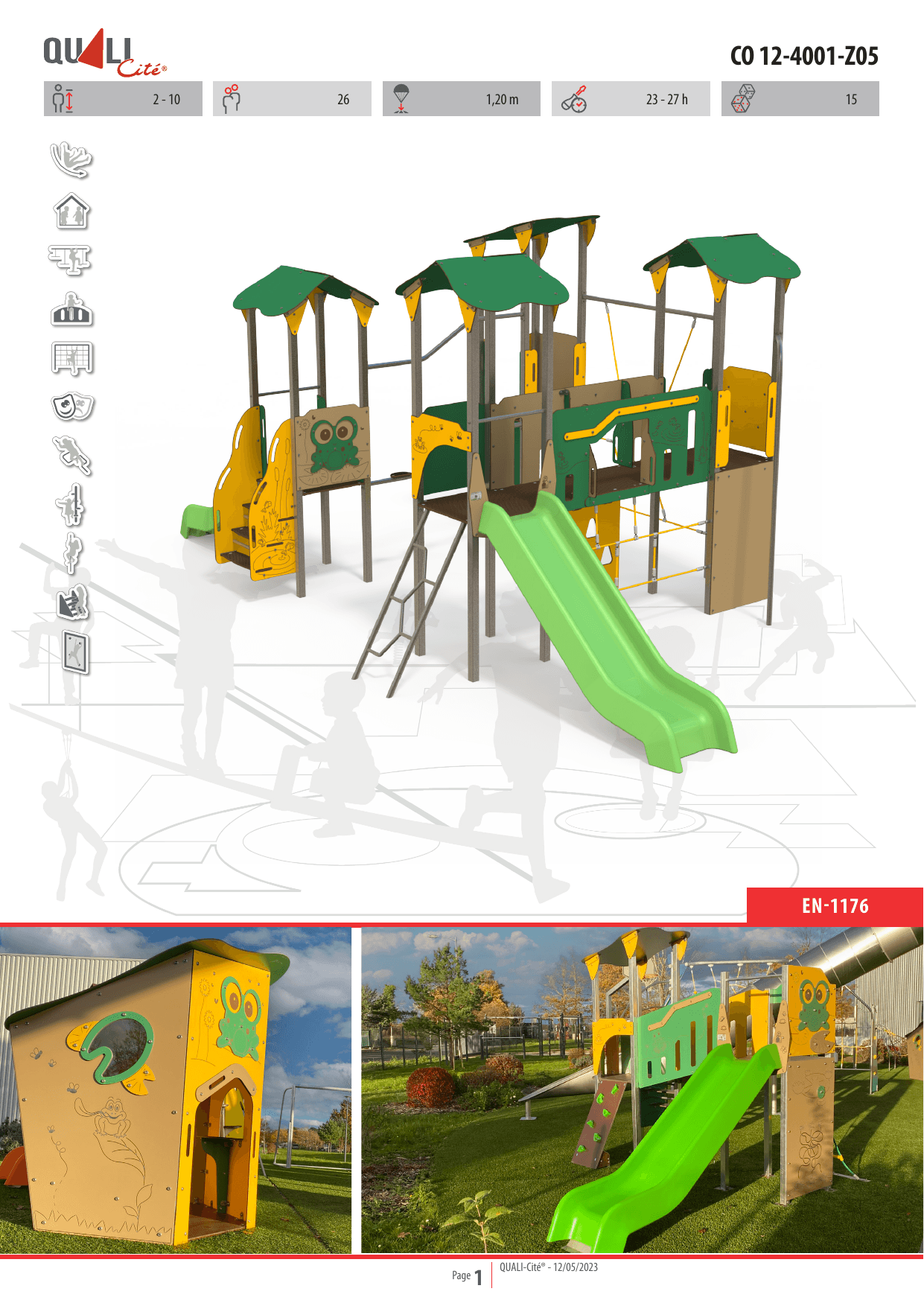 Large frog-themed steel multiplay structure featuring multiple towers, slides, climbing walls, rope net, and activity panels